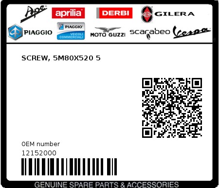 Product image: Piaggio - 12152000 - SCREW, 5M80X520 5  0
