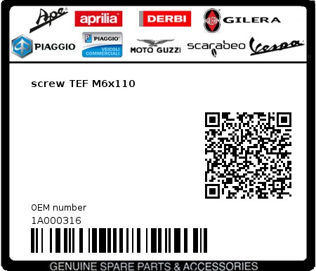 Product image: Piaggio - 1A000316 - screw TEF M6x110  0