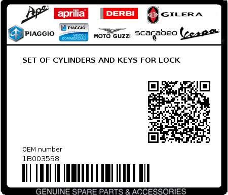 Product image: Piaggio - 1B003598 - SET OF CYLINDERS AND KEYS FOR LOCK 