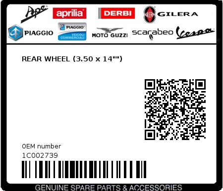 Product image: Piaggio - 1C002739 - REAR WHEEL (3.50 x 14"") 