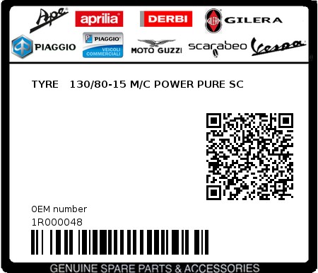 Product image: Piaggio - 1R000048 - TYRE   130/80-15 M/C POWER PURE SC  0