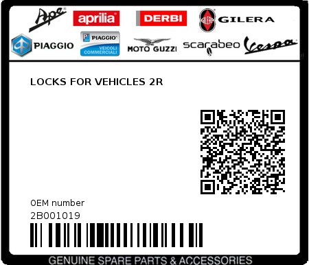 Product image: Piaggio - 2B001019 - LOCKS FOR VEHICLES 2R  0