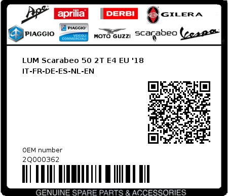 Product image: Piaggio - 2Q000362 - LUM Scarabeo 50 2T E4 EU '18 IT-FR-DE-ES-NL-EN  0