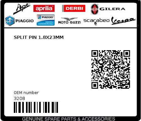 Product image: Piaggio - 3208 - SPLIT PIN 1.8X23MM 