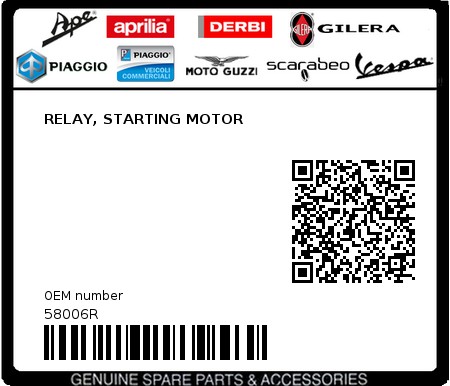 Product image: Piaggio - 58006R - RELAY, STARTING MOTOR 