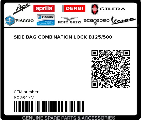 Product image: Piaggio - 602647M - SIDE BAG COMBINATION LOCK B125/500 