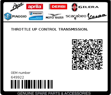 Product image: Piaggio - 649922 - THROTTLE UP CONTROL TRANSMISSION. 