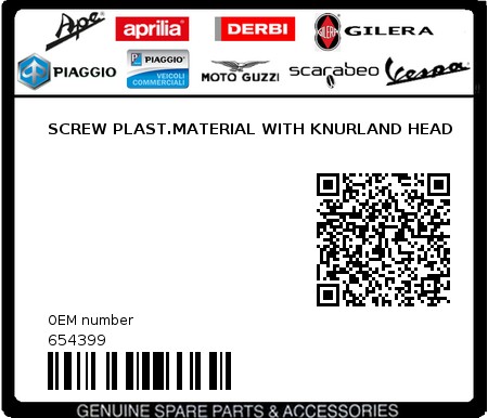 Product image: Piaggio - 654399 - SCREW PLAST.MATERIAL WITH KNURLAND HEAD 