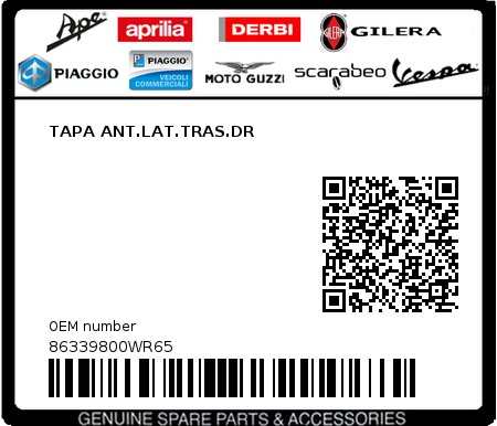 Product image: Piaggio - 86339800WR65 - TAPA ANT.LAT.TRAS.DR  0