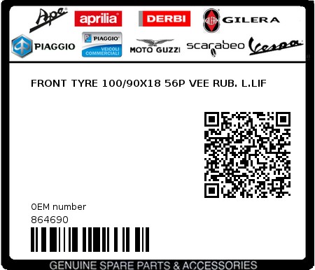 Product image: Piaggio - 864690 - FRONT TYRE 100/90X18 56P VEE RUB. L.LIF  0