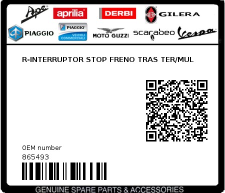 Product image: Piaggio - 865493 - R-INTERRUPTOR STOP FRENO TRAS TER/MUL  0