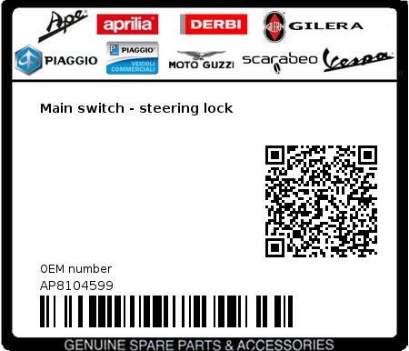Product image: Piaggio - AP8104599 - Main switch - steering lock  0