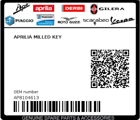 Product image: Piaggio - AP8104613 - APRILIA MILLED KEY  0