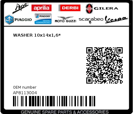 Product image: Piaggio - AP8113004 - WASHER 10x14x1,6*  0