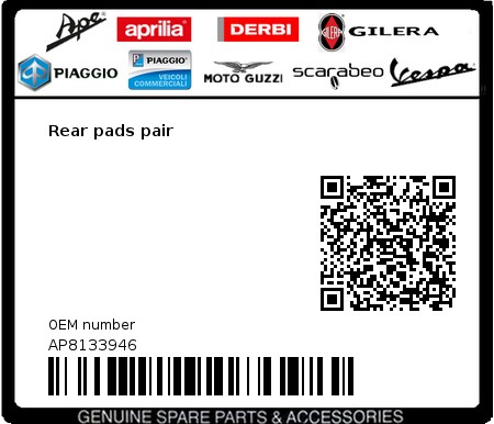 Product image: Piaggio - AP8133946 - Rear pads pair  0