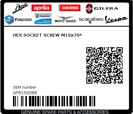 Product image: Piaggio - AP8150088 - HEX SOCKET SCREW M10x70*  0