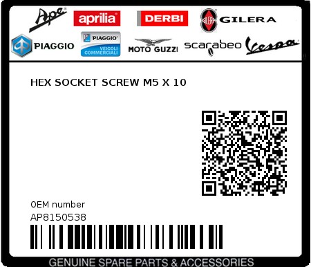 Product image: Piaggio - AP8150538 - HEX SOCKET SCREW M5 X 10  0