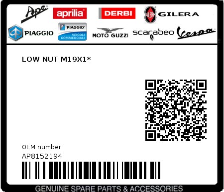 Product image: Piaggio - AP8152194 - LOW NUT M19X1*  0