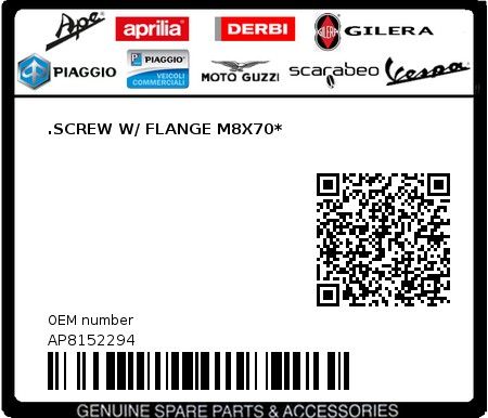 Product image: Piaggio - AP8152294 - .SCREW W/ FLANGE M8X70*  0