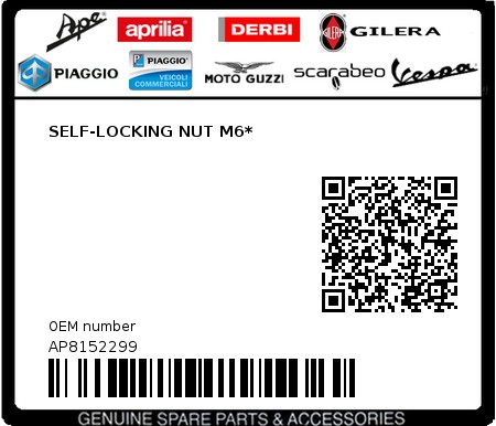 Product image: Piaggio - AP8152299 - SELF-LOCKING NUT M6*  0