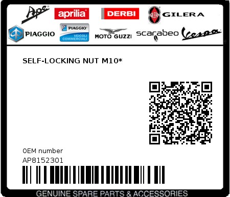 Product image: Piaggio - AP8152301 - SELF-LOCKING NUT M10*  0