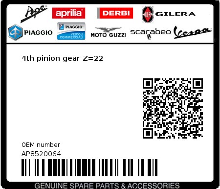 Product image: Piaggio - AP8520064 - 4th pinion gear Z=22  0