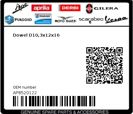 Product image: Piaggio - AP8520122 - Dowel D10,3x12x16  0
