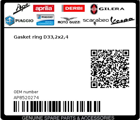 Product image: Piaggio - AP8520274 - Gasket ring D33,2x2,4  0