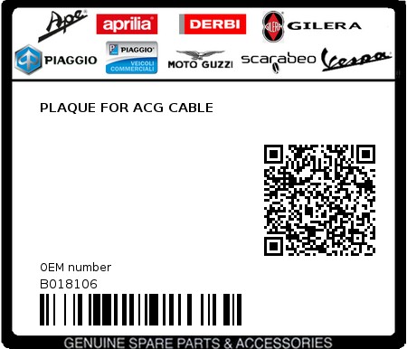 Product image: Piaggio - B018106 - PLAQUE FOR ACG CABLE  0