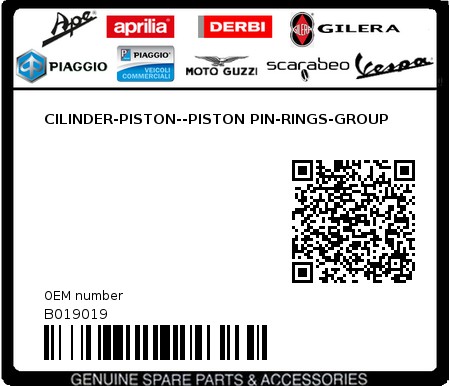 Product image: Piaggio - B019019 - CILINDER-PISTON--PISTON PIN-RINGS-GROUP 