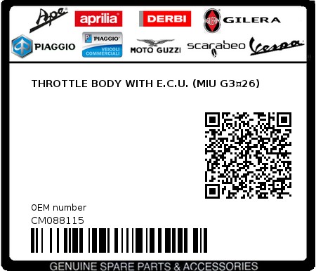 Product image: Piaggio - CM088115 - THROTTLE BODY WITH E.C.U. (MIU G3¤26)  0