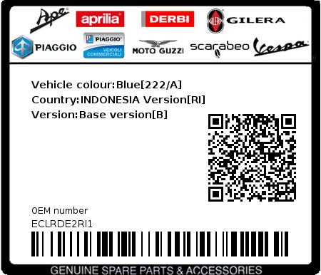 Product image: Piaggio - ECLRDE2RI1 - Vehicle colour:Blue[222/A]   Country:INDONESIA Version[RI]   Version:Base version[B]  0
