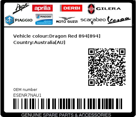 Product image: Piaggio - ESENR7NAU1 - Vehicle colour:Dragon Red 894[894]   Country:Australia[AU] 