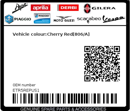 Product image: Piaggio - ETR5REPUS1 - Vehicle colour:Cherry Red[806/A] 