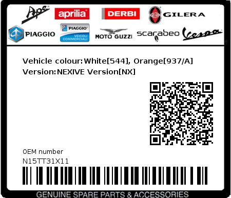 Product image: Piaggio - N15TT31X11 - Vehicle colour:White[544], Orange[937/A]   Version:NEXIVE Version[NX] 