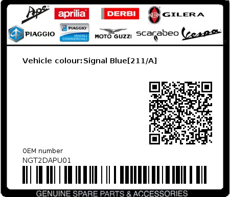 Product image: Piaggio - NGT2DAPU01 - Vehicle colour:Signal Blue[211/A] 