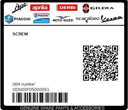 Product image: Piaggio - ODN00F05000061 - SCREW  0