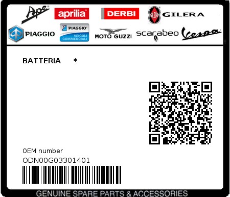 Product image: Piaggio - ODN00G03301401 - BATTERIA     * 