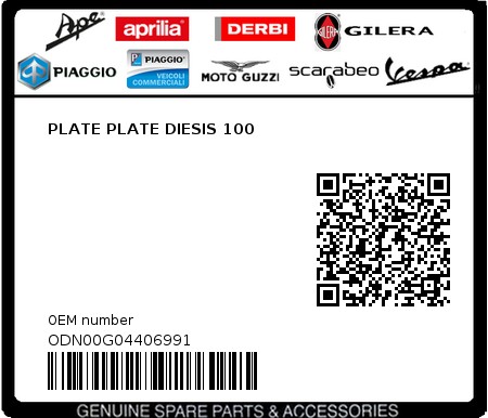 Product image: Piaggio - ODN00G04406991 - PLATE PLATE DIESIS 100  0