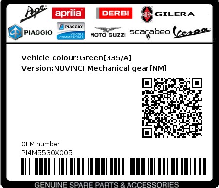 Product image: Piaggio - PI4M5530X005 - Vehicle colour:Green[335/A]   Version:NUVINCI Mechanical gear[NM]  0