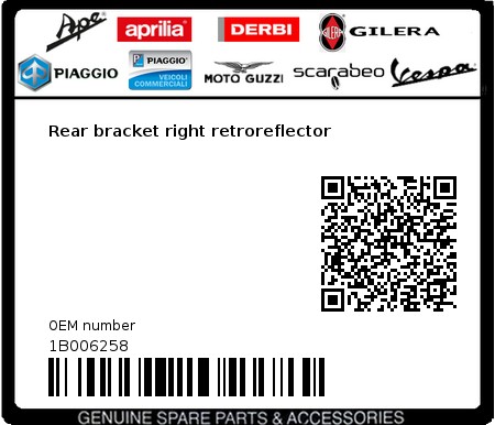 Product image: Vespa - 1B006258 - Rear bracket right retroreflector  0