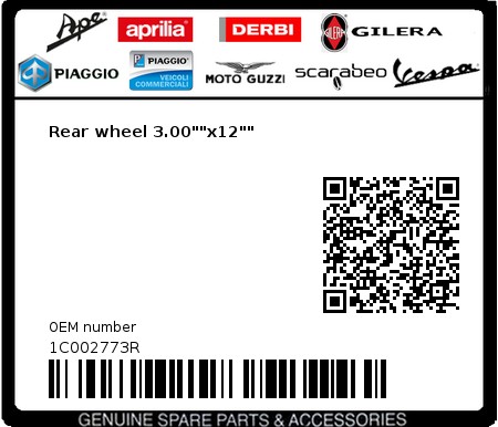 Product image: Vespa - 1C002773R - Rear wheel 3.00""x12""  0