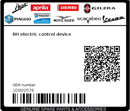 Product image: Vespa - 1D002576 - RH electric control device 