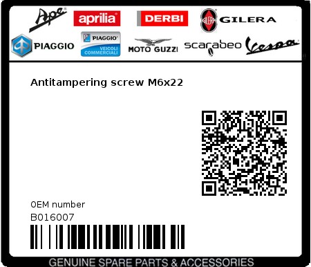Product image: Vespa - B016007 - Antitampering screw M6x22   0