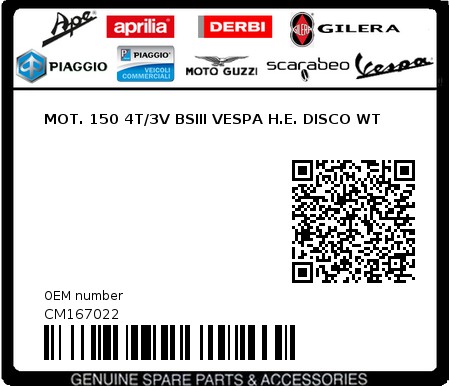 Product image: Vespa - CM167022 - MOT. 150 4T/3V BSIII VESPA H.E. DISCO WT 