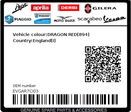 Product image: Vespa - EVGAR7CI03 - Vehicle colour:DRAGON RED[894]   Country:England[I]  0