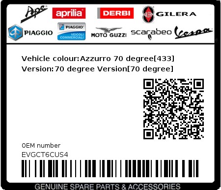 Product image: Vespa - EVGCT6CUS4 - Vehicle colour:Azzurro 70 degree[433]   Version:70 degree Version[70 degree]  0