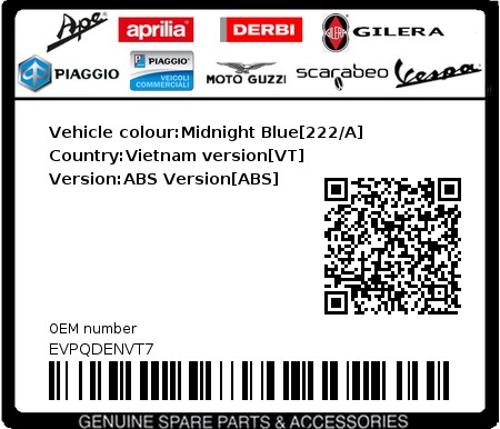 Product image: Vespa - EVPQDENVT7 - Vehicle colour:Midnight Blue[222/A]   Country:Vietnam version[VT]   Version:ABS Version[ABS]  0