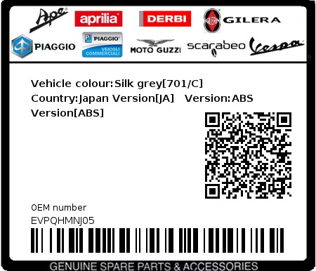 Product image: Vespa - EVPQHMNJ05 - Vehicle colour:Silk grey[701/C]   Country:Japan Version[JA]   Version:ABS Version[ABS]  0