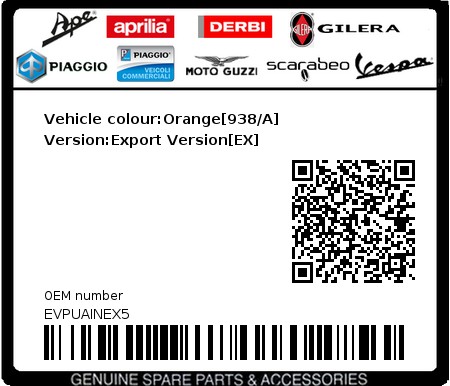 Product image: Vespa - EVPUAINEX5 - Vehicle colour:Orange[938/A]   Version:Export Version[EX] 